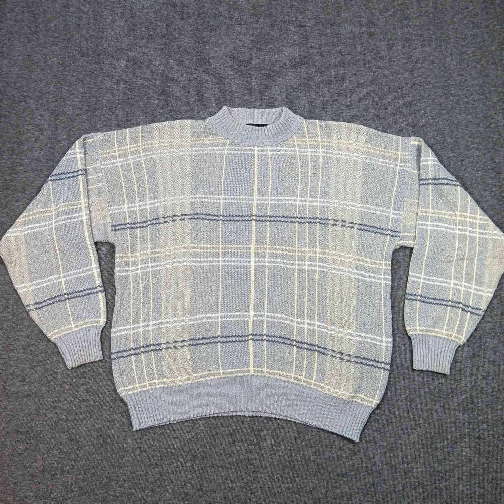 Ottimo Sweater Mens Large Gray Blue Beige Plaid Crewneck Knit Pullover Italy